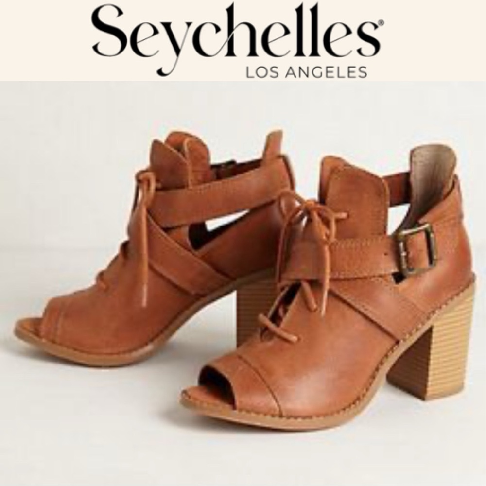 SEYCHELLES SPECIAL EDITION DISAPPEAR WHISKEY LEATHER PEEP TOE ANKLE BOOTIES